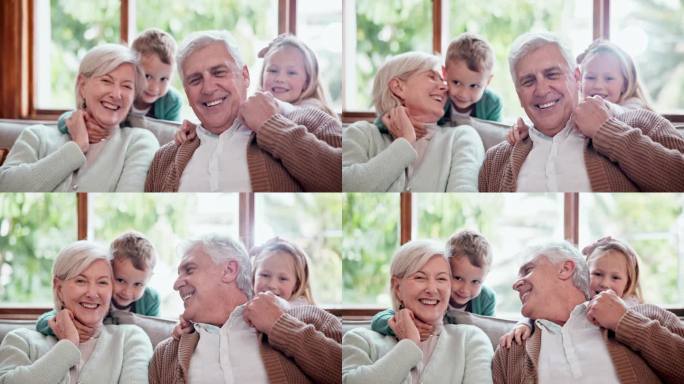 微笑，爱和孩子拥抱祖父母在客厅的沙发在现代家庭。家庭，纽带或肖像的孩子拥抱老人和退休妇女与照顾在休息
