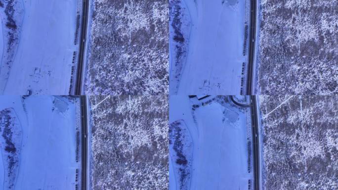 航拍冬季冰天雪地 汽车行驶 下雪道路