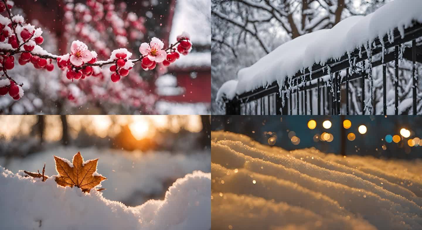 冬天雪景下雪冬日暖阳唯美雪景大寒雪景冬季