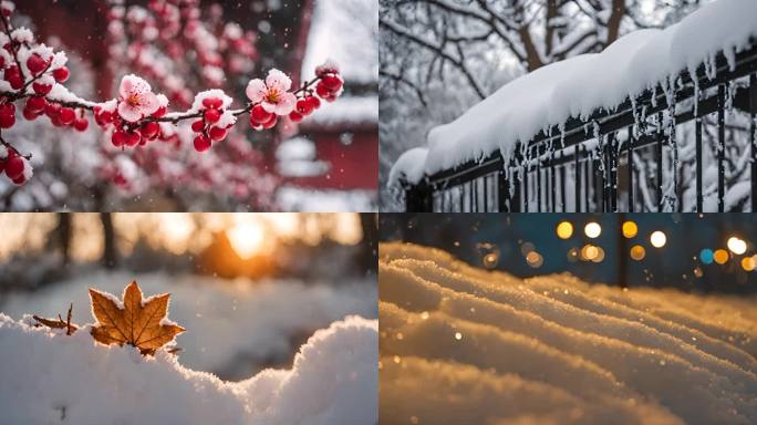 冬天雪景下雪冬日暖阳唯美雪景大寒雪景冬季