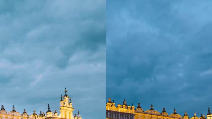 克拉科夫,波兰。圣玛丽大教堂和布堂大楼的超缩夜景。著名的老地标圣母教堂升入天堂。联合国教科文组织世界