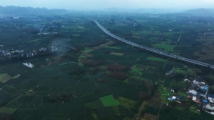 雨后四川盆地高速公路穿过农田