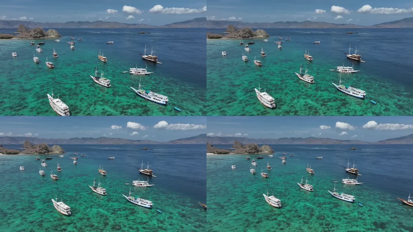 印尼科莫多航拍大海帆船碧绿色海水自然风光