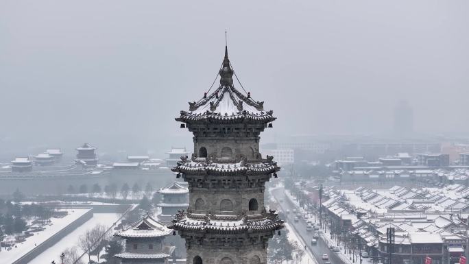 山西大同城墙雁塔城楼雪景航拍