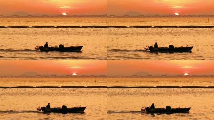 夕阳海面渔民归来