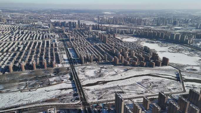 冬天的河流，冬天里的伊通河，航拍长春雪景