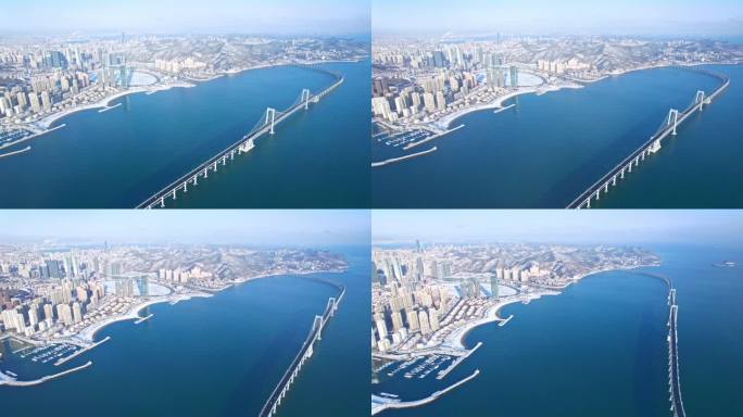 实拍4K 寒风雪天大连星海湾大桥跨海大桥