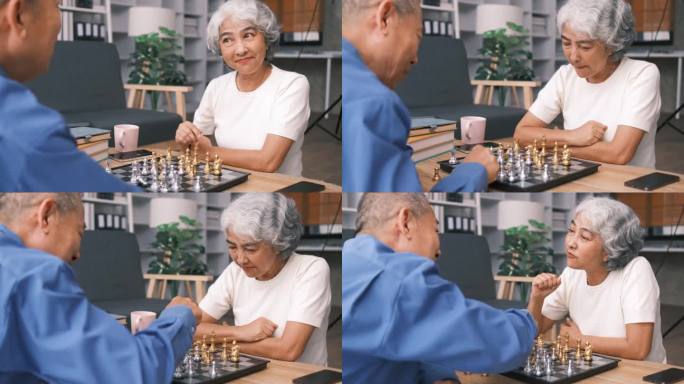 老年人男女穿着休闲装在养老院下棋，围坐在桌子旁，喝茶吃饼干，玩桌上游戏，编织，共度时光