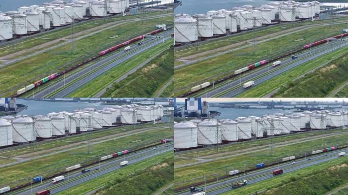 在鹿特丹Maasvlakte进行运输。荷兰的基础设施。空中
