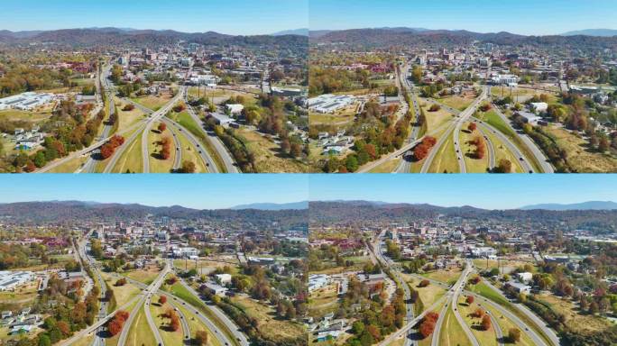 北卡罗莱纳州阿什维尔的秋季美国高速公路交叉口鸟瞰图，高速行驶的汽车和卡车。美国交通基础设施概念