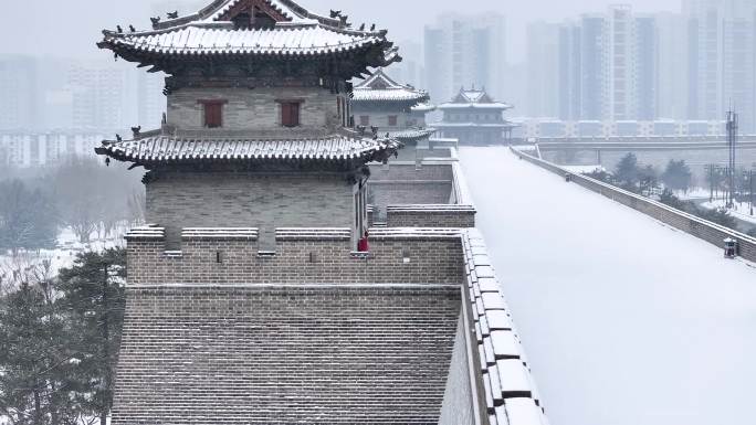 山西大同城墙城楼雪景航拍