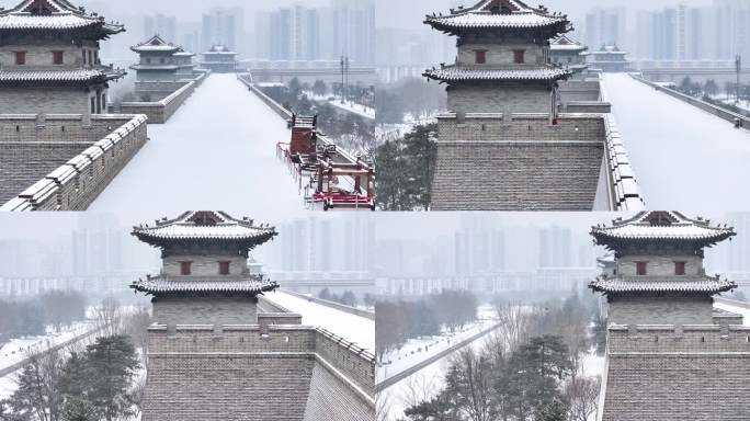 山西大同城墙城楼雪景航拍