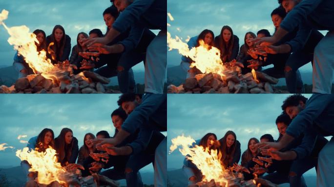 一群朋友在篝火旁的夜晚聚会上玩得很开心-友谊的生活方式概念，快乐的人在黄昏的夜晚在篝火旁取暖