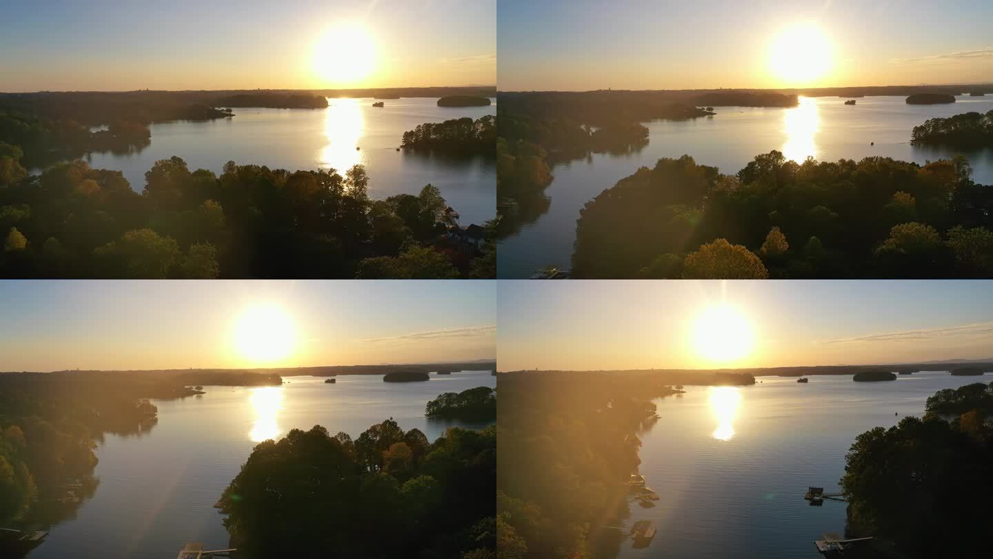 基威湖，塞内卡，SC日落反射温柔的涟漪湖。无人驾驶飞机。