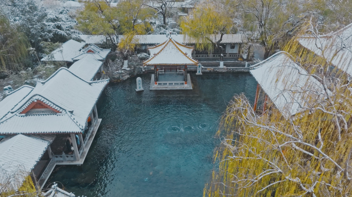 趵突泉冬季雪景泉水下雪航拍4K