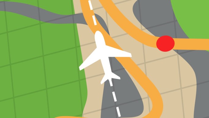 动画白色，飞机沿着轨迹飞行。卡通地图背景。
