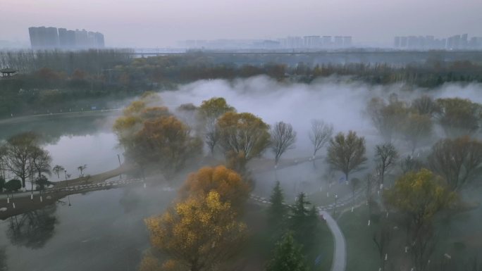航拍晨雾中的陕西省西安市浐灞湿地-2