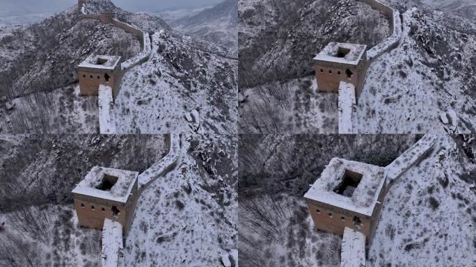 航拍雪后河北涞源荆山口长城