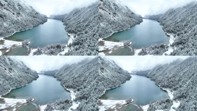 西藏林芝市巴松措，雪山森林湖泊雪景航拍