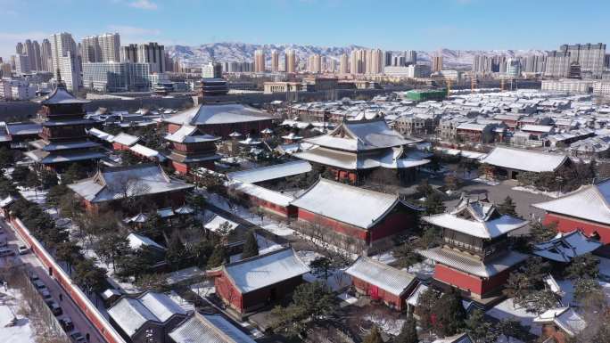 山西省大同市大同古城华严寺雪景航拍