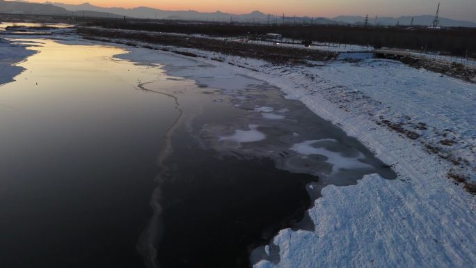 航拍雪景公路交通 石家庄 航拍雪景湿地