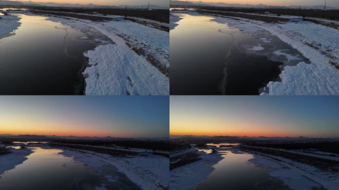 航拍雪景公路交通 石家庄 航拍雪景湿地