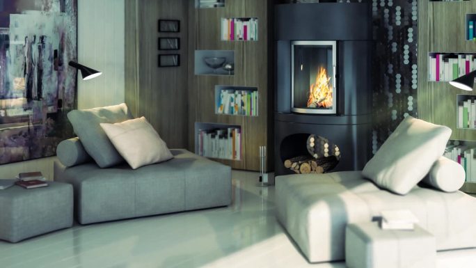沙发与壁炉内的现代风格的别墅-可循环的3D可视化
