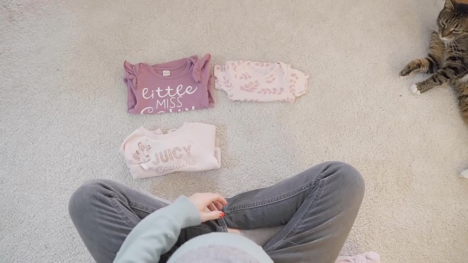 孕妇坐在地板上叠婴儿衣服，高角度拍摄库存视频