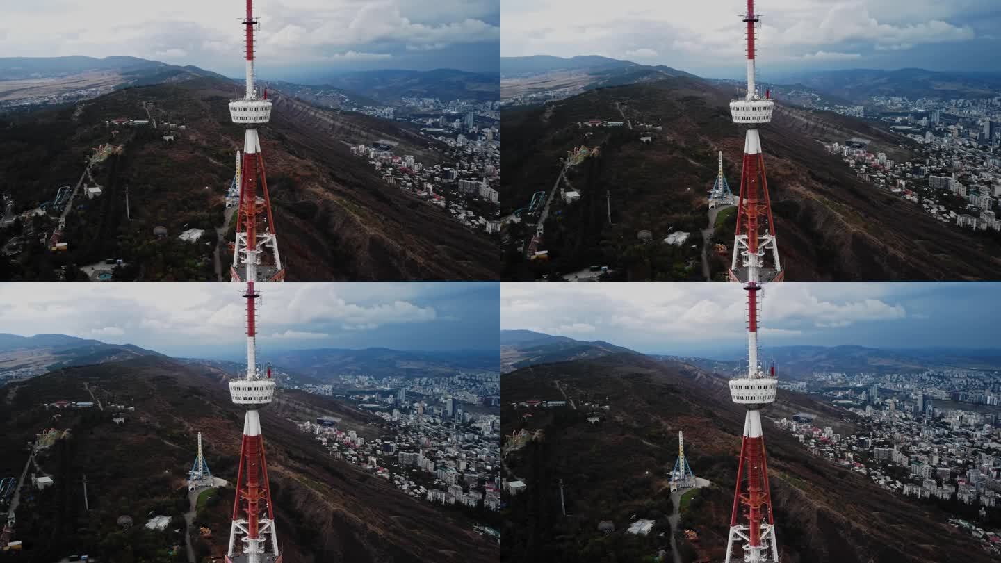 第比利斯电视塔建在山脊上，无人机在夏日拍摄的特写镜头
