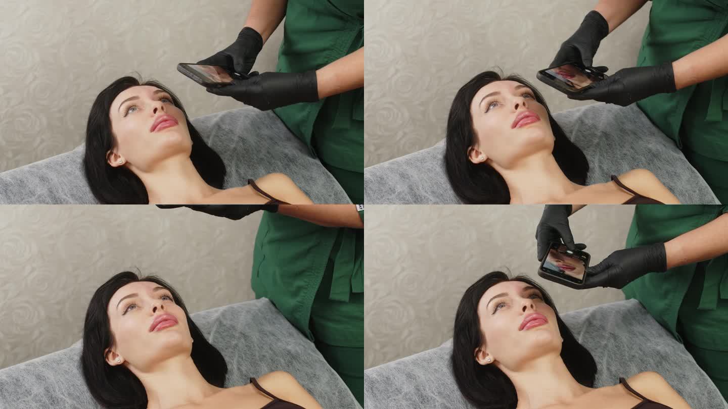 在美容诊所接受美容注射的女人。在美容诊所，美容师正在给病人前额注射肉毒杆菌。返老还童，注射美容和医学