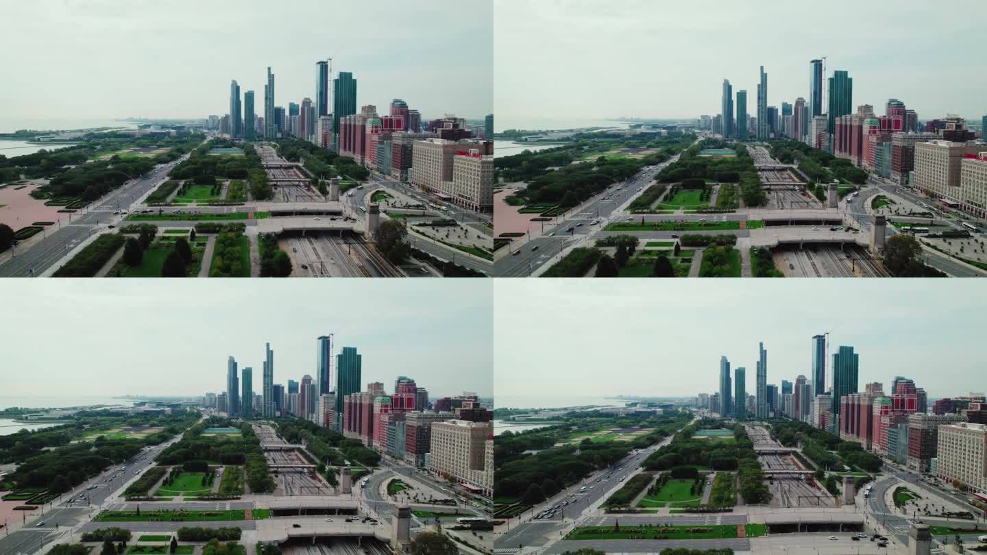 左边是格兰特公园，右边是芝加哥的天际线。Metra和CTA的火车轨道。E国会广场博士可见，沿着密歇根