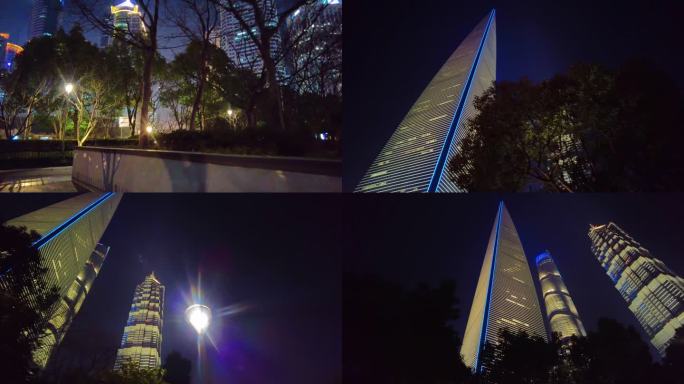 夜晚仰望上海陆家嘴高楼大厦夜景风景视频素