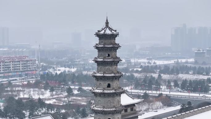 山西大同城墙雁塔城楼雪景航拍