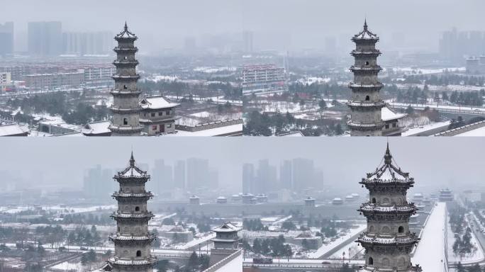 山西大同城墙雁塔城楼雪景航拍