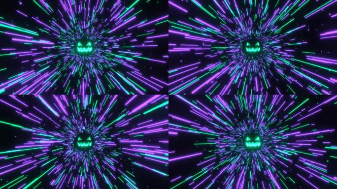 万圣节南瓜灯条纹霓虹灯隧道无缝循环动画4k。紫色和青色的线条。视频完美的VJ主题集和哥特式节日，万圣