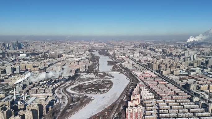 长春市航拍，伊通河雪景