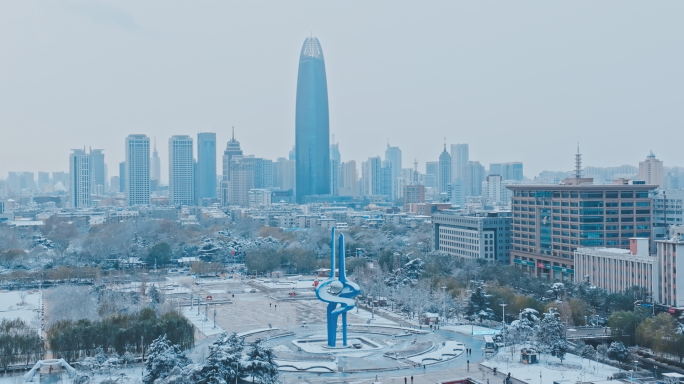 泉城广场冬季雪景航拍4K