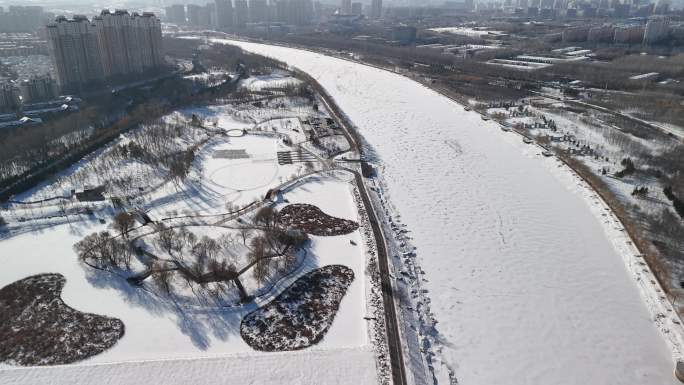 伊通河畔航拍，雪景