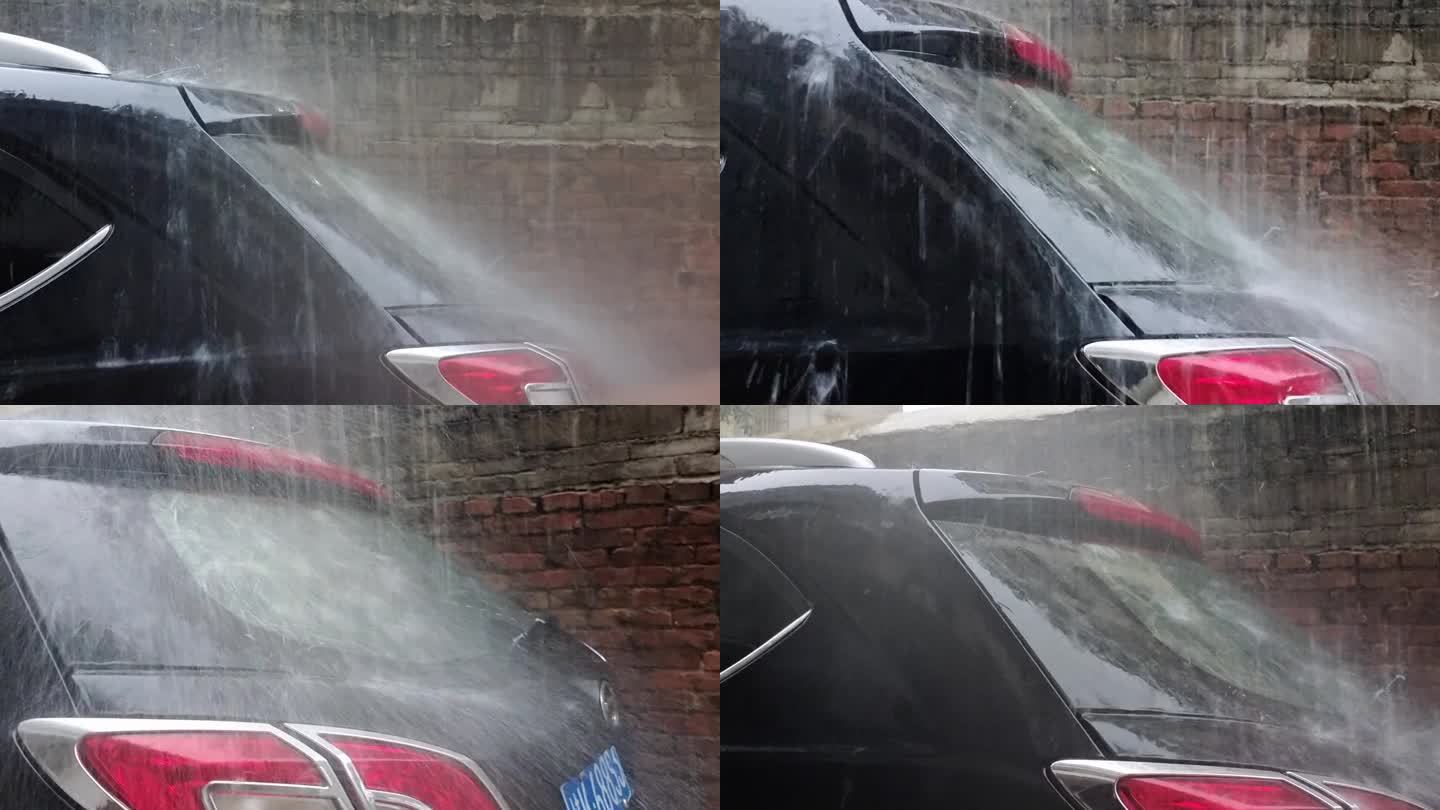 雨巷大雨滂沱中的小车暴雨倾盆雨点滴在车上