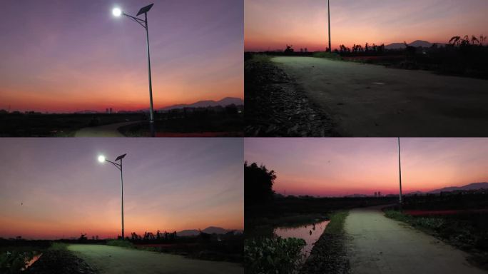 乡间道路 LED路灯 太阳能路灯亮起