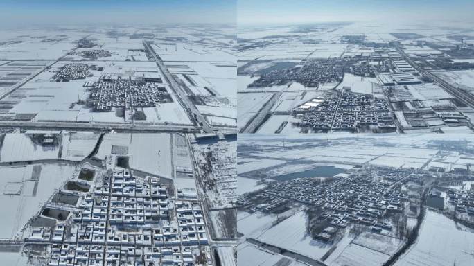 航拍农村雪天雪地村落村庄乡村平房平原大地