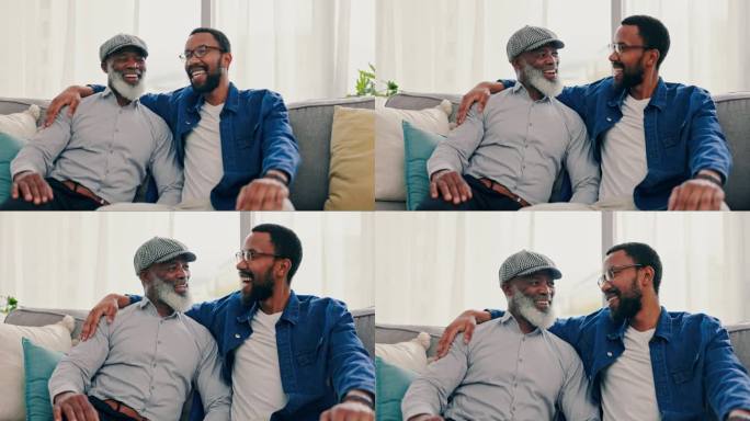 高兴之余，脸男与师兄在客厅的沙发上谈情说爱。拥抱，微笑和非洲人的肖像放松，笑着和他年迈的父亲在家里的