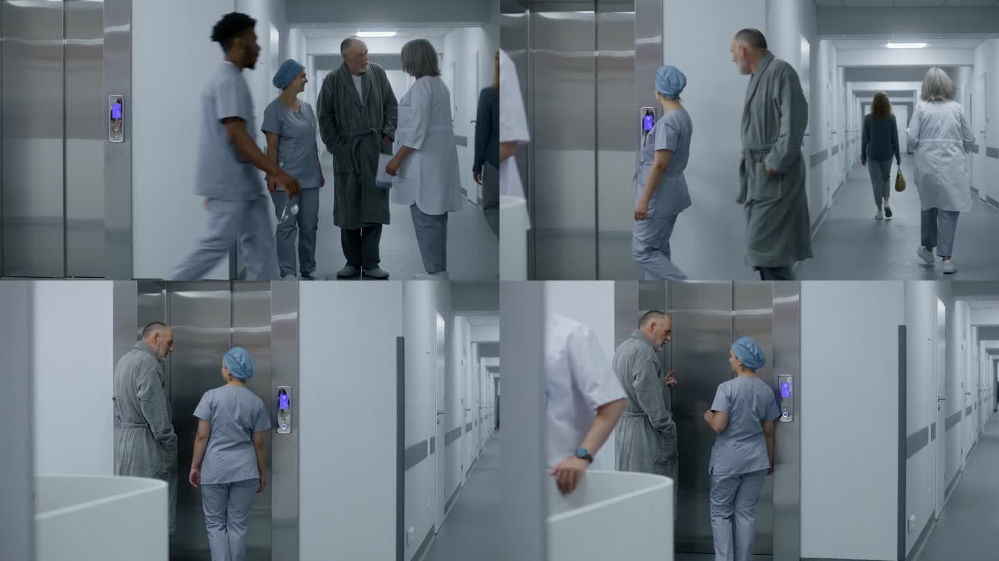 护士和病人走过走廊，过来扶电梯