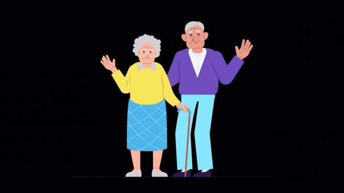 幸福老夫妻动画，ALPHA频道。奶奶和爷爷挥手微笑，老夫妇。动画视频的祖父母二维平面风格。退休年龄生