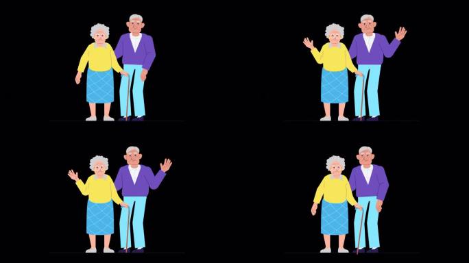 幸福老夫妻动画，ALPHA频道。奶奶和爷爷挥手微笑，老夫妇。动画视频的祖父母二维平面风格。退休年龄生
