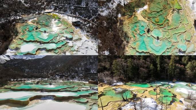 4k航拍冬季九寨沟黄龙景区五彩池雪景