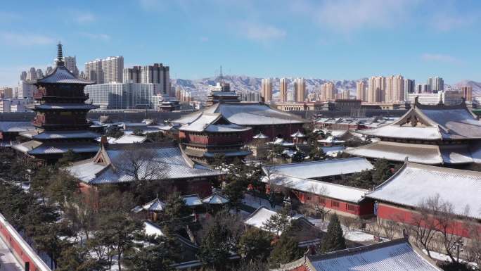 山西省大同市大同古城华严寺雪景航拍