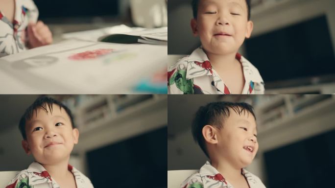 亚洲男孩艺术家在家中从事彩色铅笔画创意在家上学。