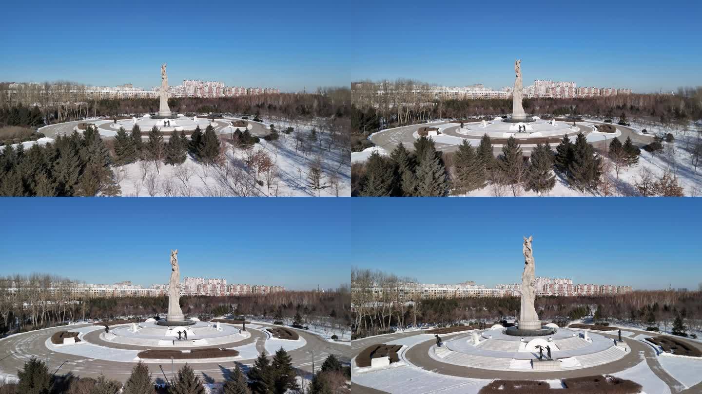 航拍冬天里的长春世界雕塑公园