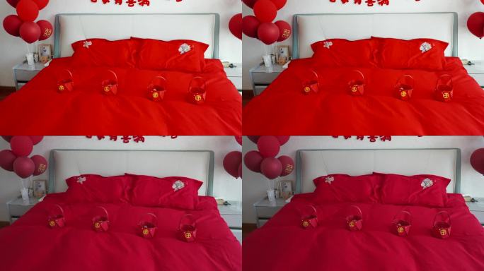 红色床单上的早生贵子摆件装饰婚礼爱情